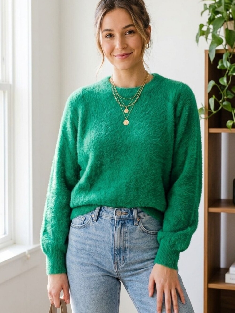 Aerie Fuzzy Emerald Green Oversized Crewneck Sweater XS/TP